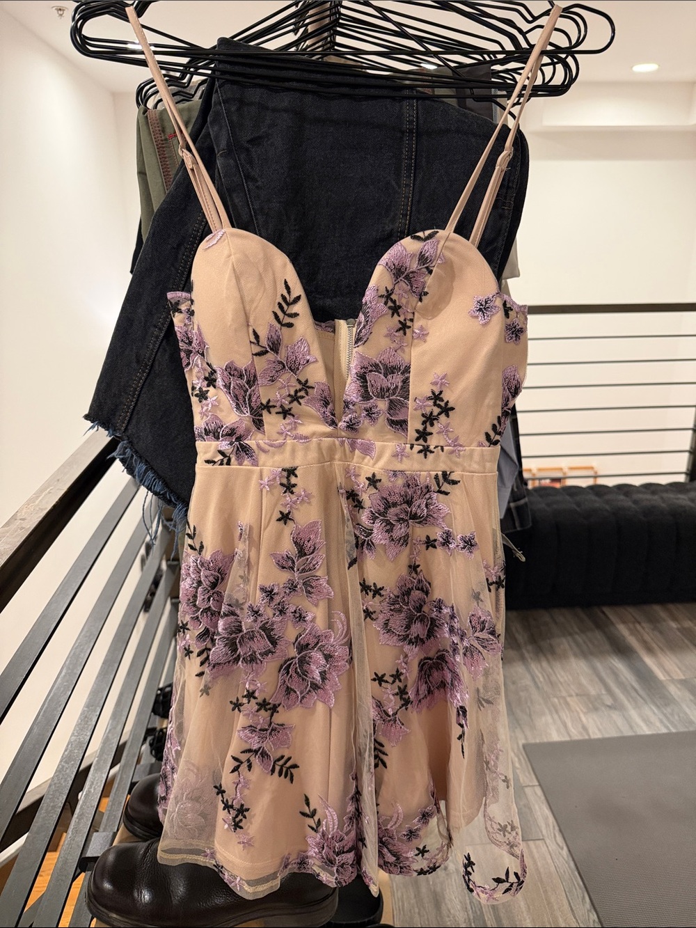 Beige Floral Embroidered Spaghetti Strap Dress